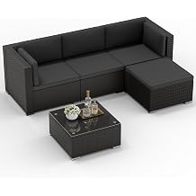 Incbruce 5 Pieces Patio Sofa, All-Weather PE Rattan Outdoor Sectional Sofas with Cushion & Glass Table, Patio Furniture Set for Garden, Deck Grey