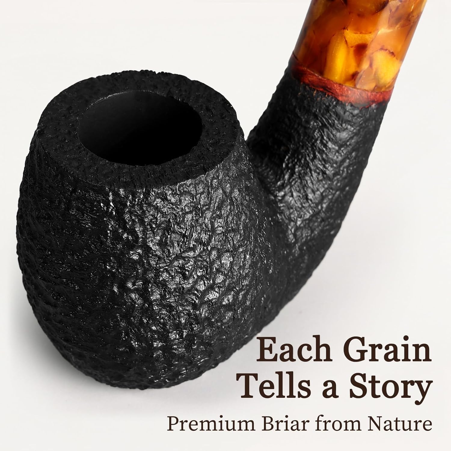 Briar Tobacco Pipe Rustic Finish - Handmade Calabash Flat Base Wood Pipe with Amber Stem - Vintage Style Collectible Gift for Men Smoker with Gift Box & Pouch