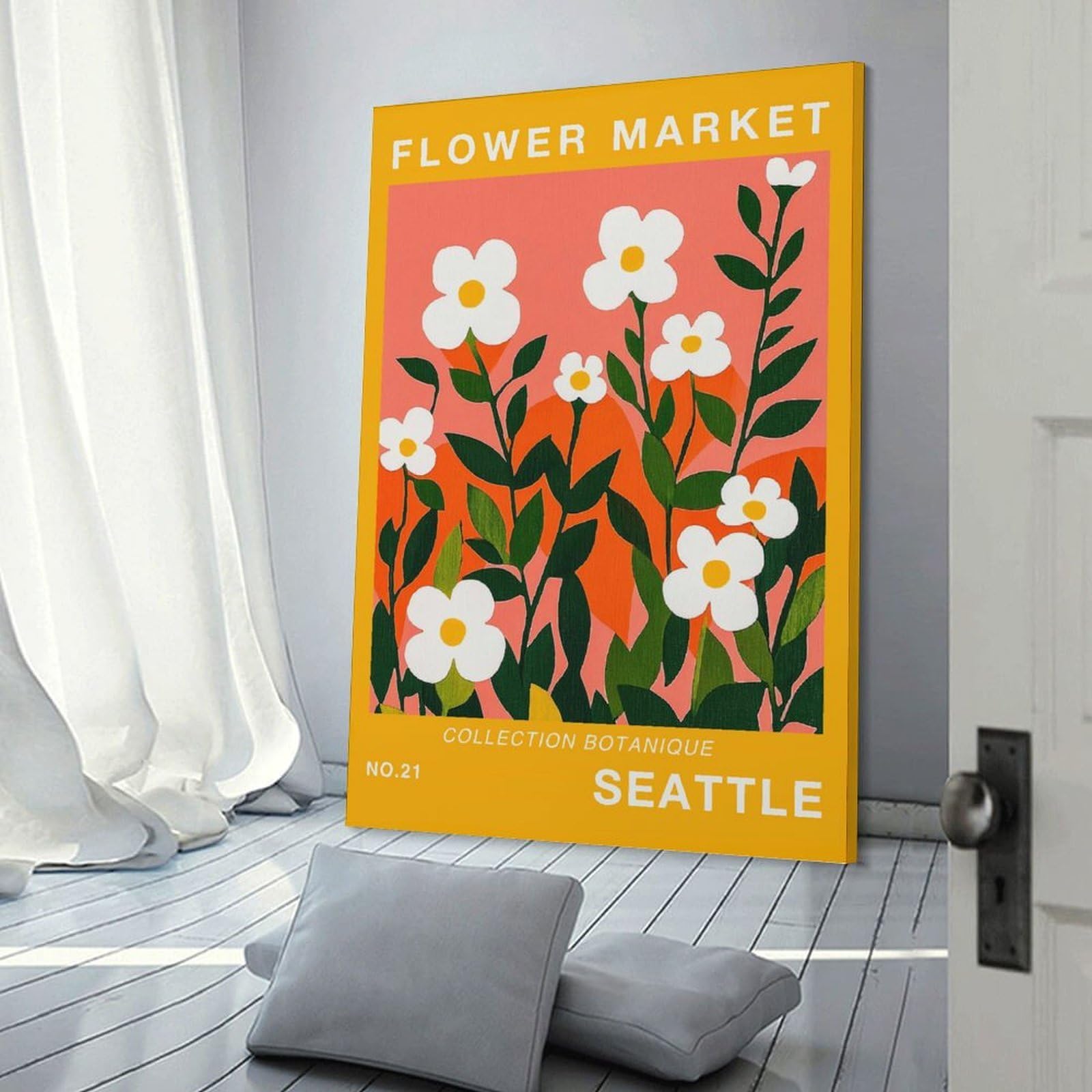 Junmoney Frame-Style Hanging Wall Art Seattle Flower Market Print, 16X24inch(40X60cm), For Entryway, Lounge Links Or Small Walls, A Neat Decor Update For Hallways