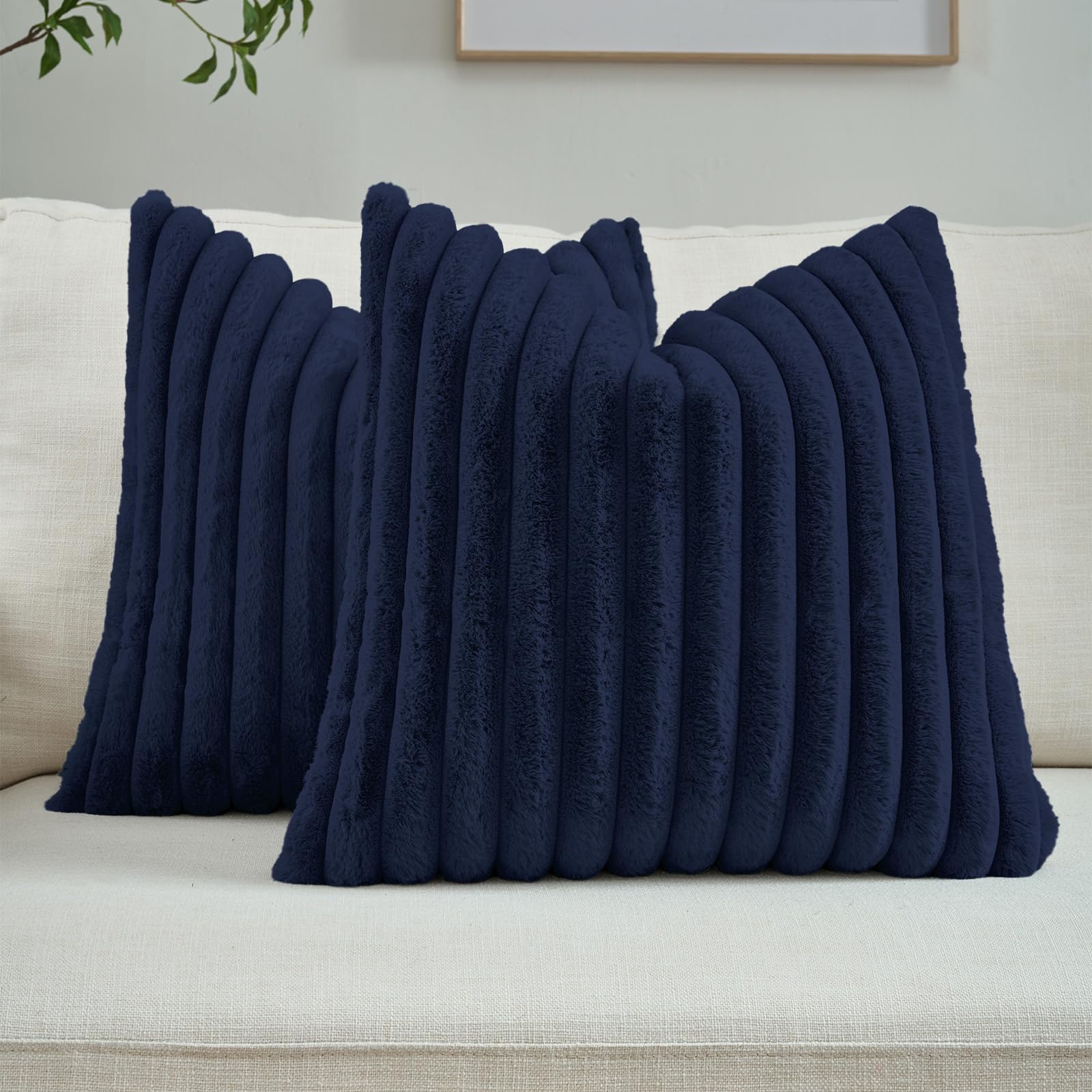 FUTEI Set of 2 Fluffy Faux Fur 50x50 cm Cushion Covers Soft Plush Striped Textured Scatter Pillow Covers 50 x 50 cm Modern Accent for Sofa Bedroom Living Room, Navy Blue