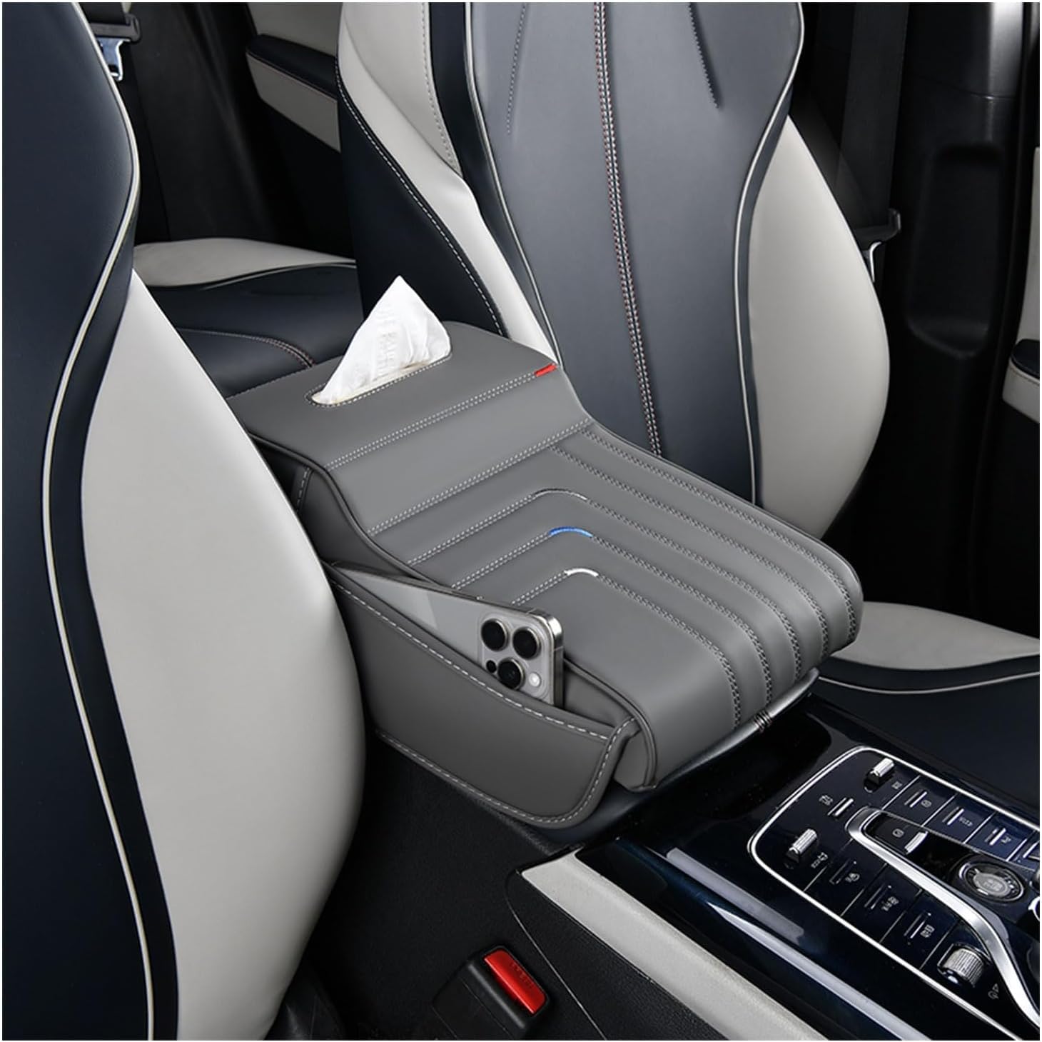 ELNas Car Center Console Armrest Pillow for Peugeot Vibe 5008 607 406, Auto Center Console Pad Leather Arm Rest Protector Cushion,Grey