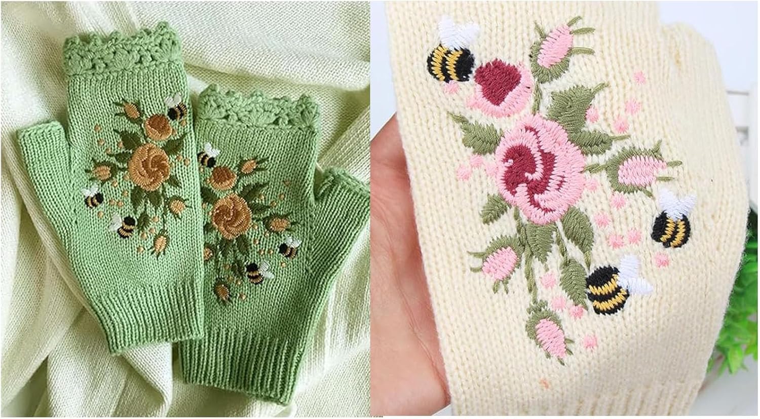 Women's Hand Embroidered Knitted Flower Fingerless Gloves, Purple, One Size - Image 5