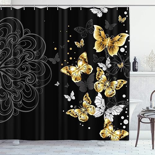 Miniatura 6 de Juego de cortinas de ducha de 4 piezas, diseño de mandala negro, impermeable, accesorios de baño con alfombras antideslizantes, cubierta para tapa