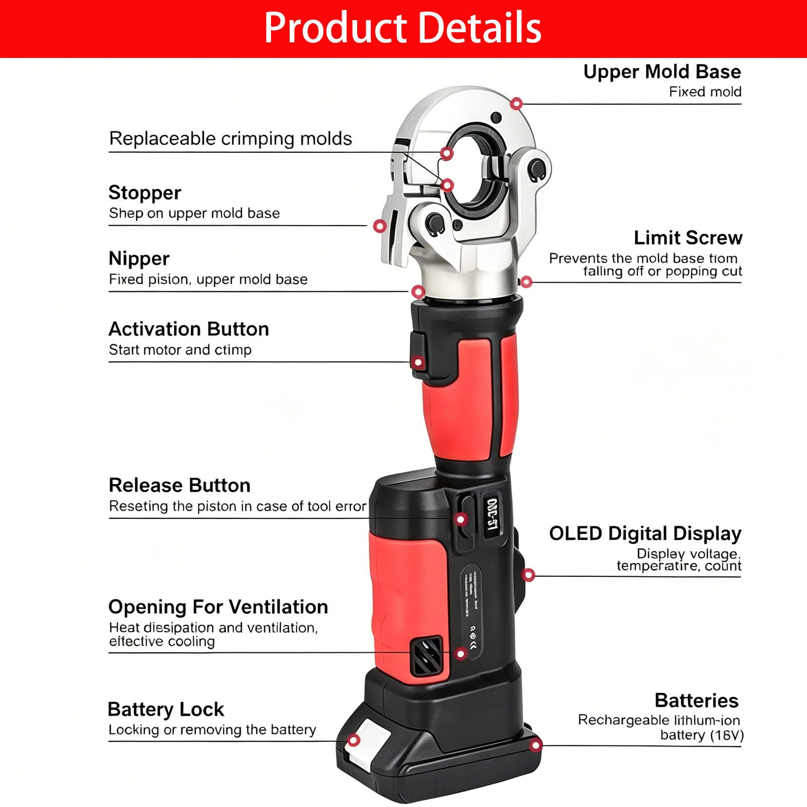 Prensa HidráUlica Recargable De 16-300 Mm², Prensas HidráUlicas, Herramienta De Prensado HidráUlica EléCtrica, Cabezal Giratorio De 360°, con 12 Pares De Matrices Grey
