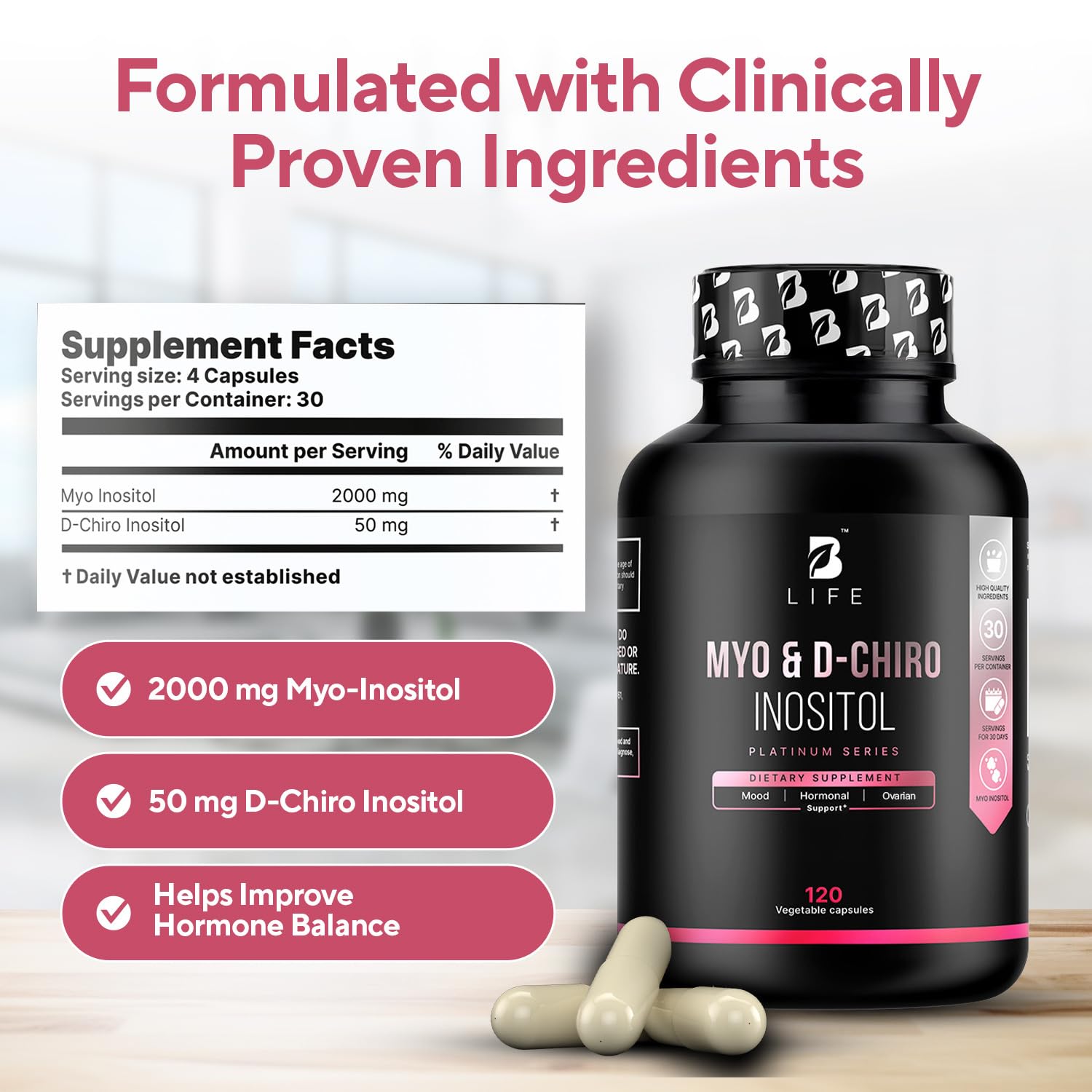 B Life Company Myo-Inositol & D-Chiro Inositol 40:1 | Hormone Balance for Women Support | Inositol Supplement for Women | Vitamin B8 | 120 Caps — Amazon image 3