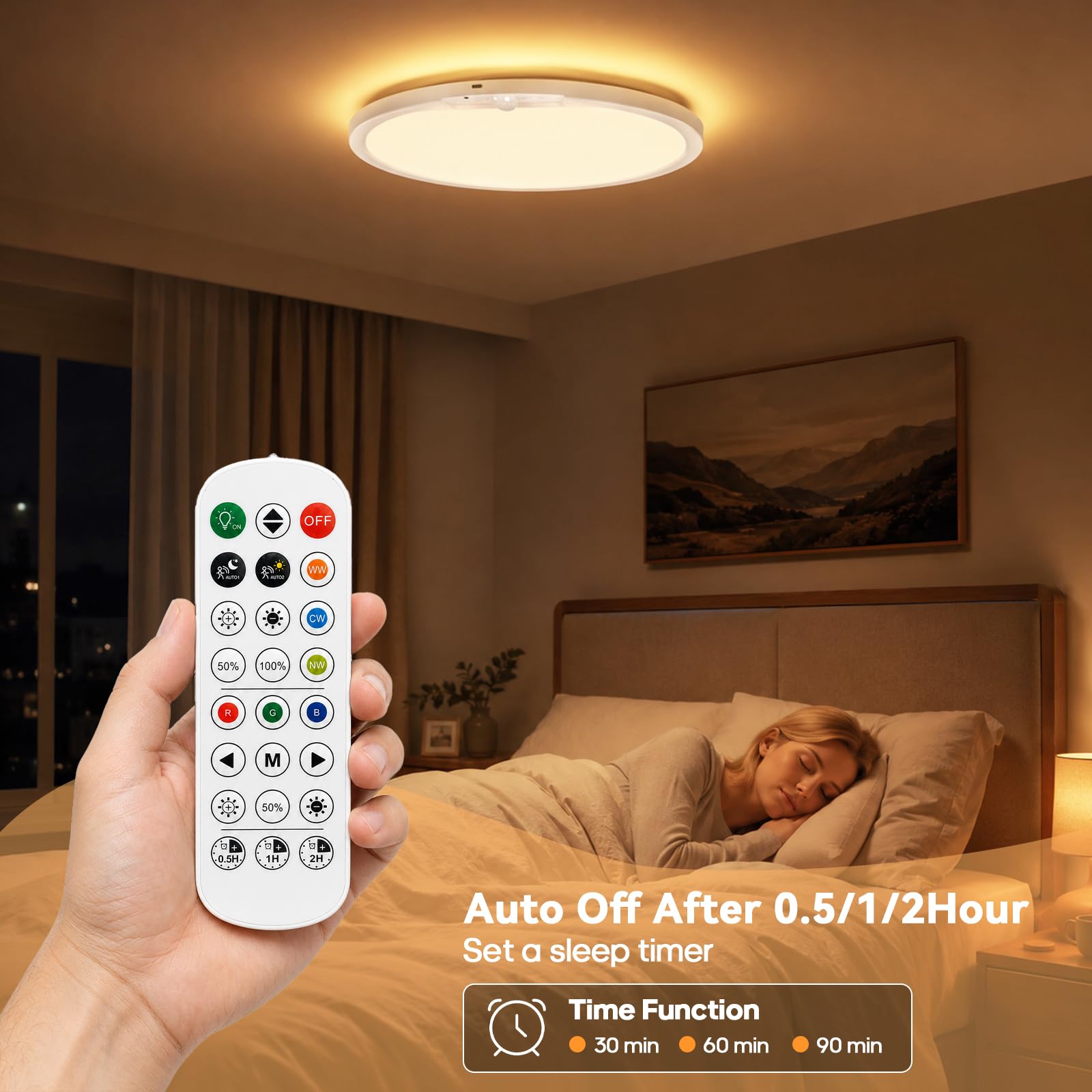 Lampe à batterie avec détecteur de mouvement 10 000 mAh, double source de lumière, 12 RVB arrière et 3 CCT Plafonnier super lumineux avec télécommande de 30 cm, minuteur, plafonnier rechargeable pour
