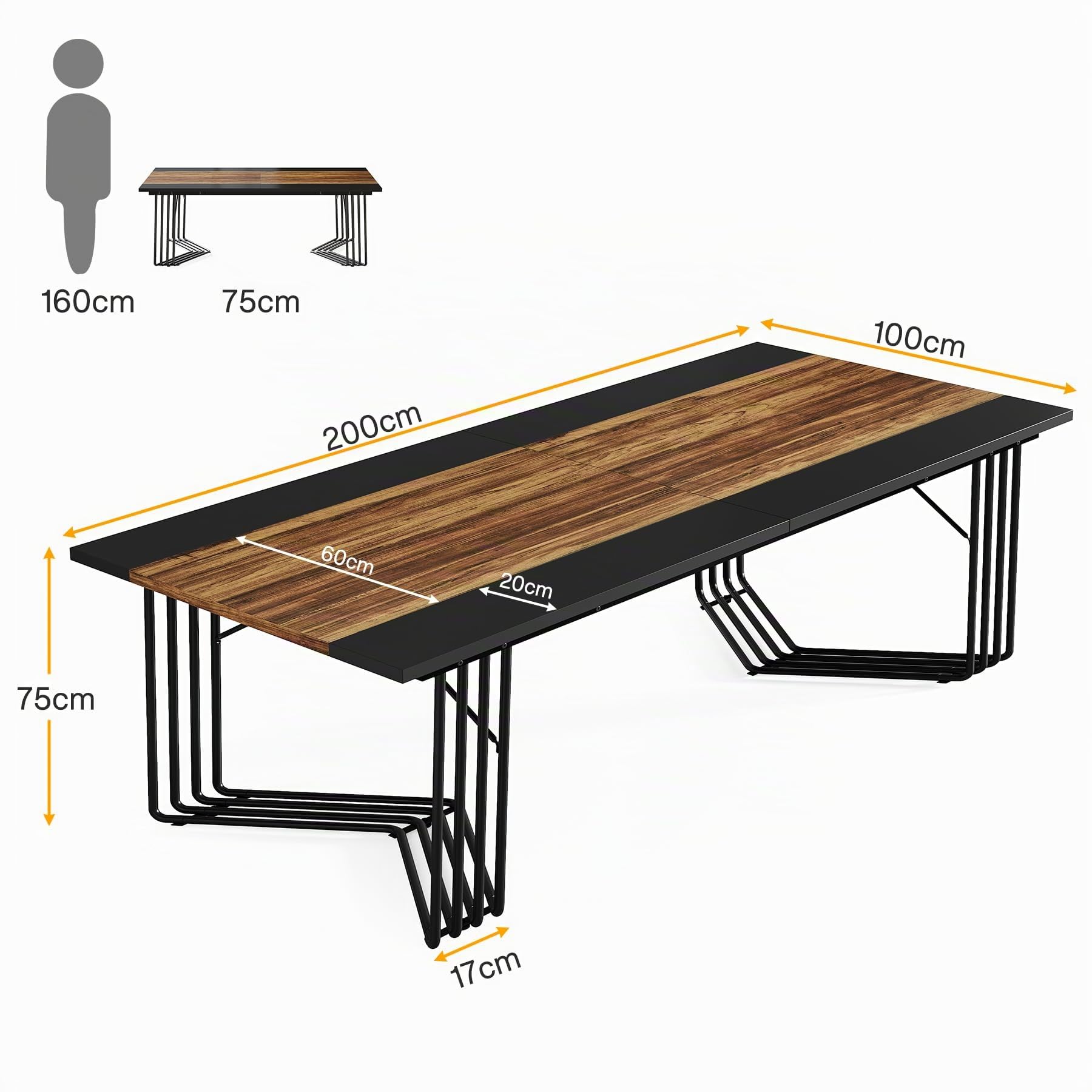 Tribesigns Escritorio para ordenador para 2 personas, 200 cm escritorio para oficina con estructura geométrica de metal resistente, mesa de reunión para seminarios de negocios para 8-10 pers