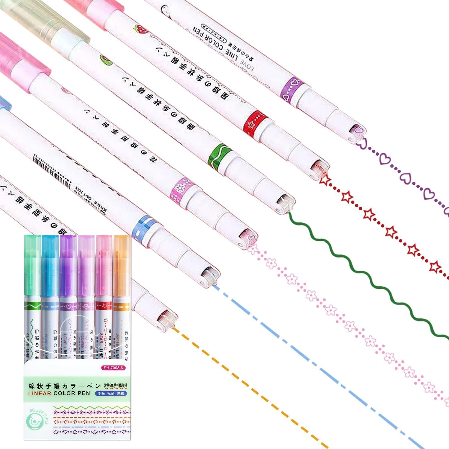 Curved Roller Highlighter Pens Set – 6 Colors & 6 Pattern Line Markers for Notes, Journaling, Scrapbooking, Kids Drawing | Smooth Cute Decorative Highlighter Pens for School & Office