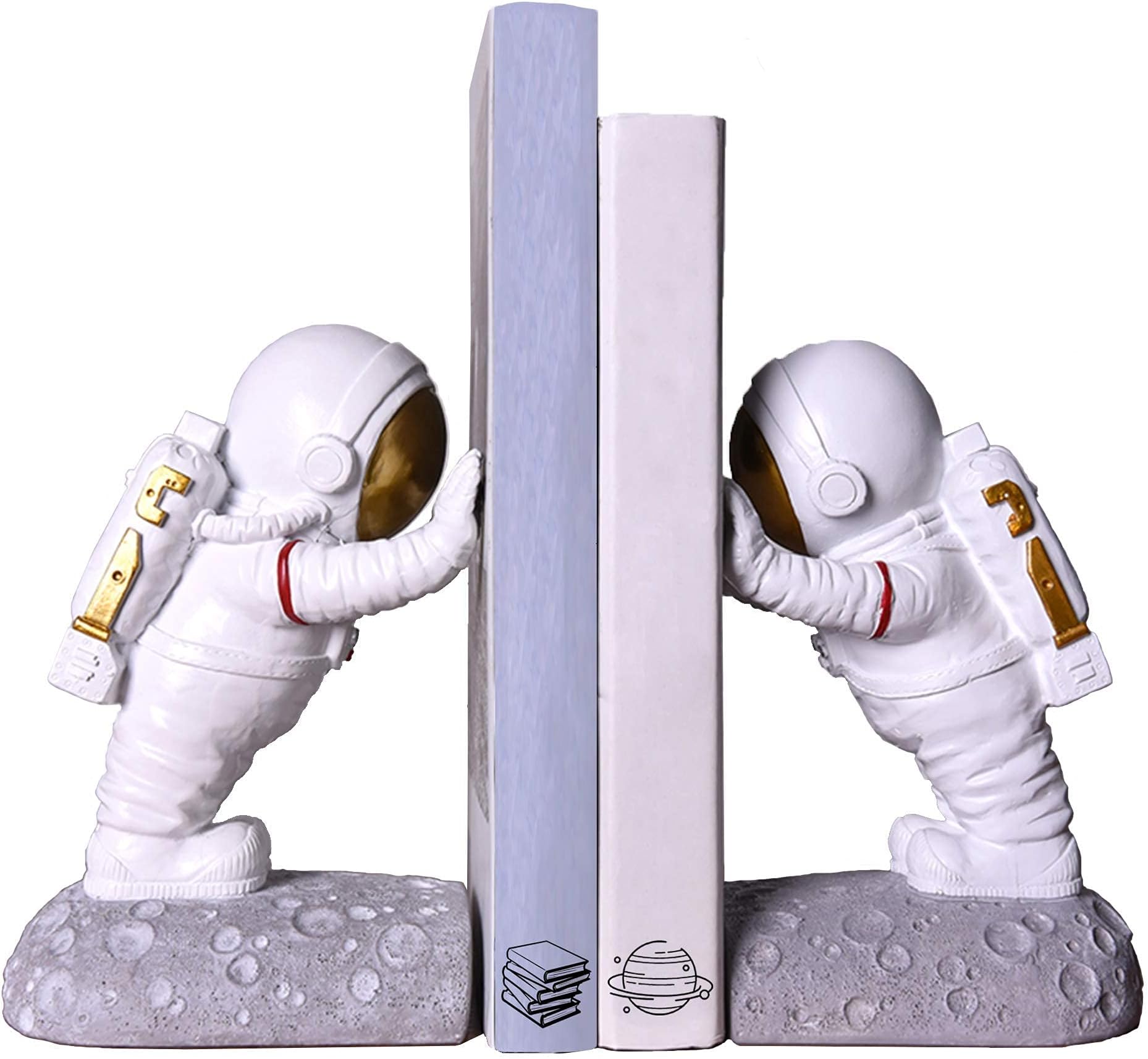 Astronaut Bookends - Space Decor for Kids Rooms & Home Office - Heavy Duty Book Holders with Anti-Slip Base - Cool Unique Design (Gold)