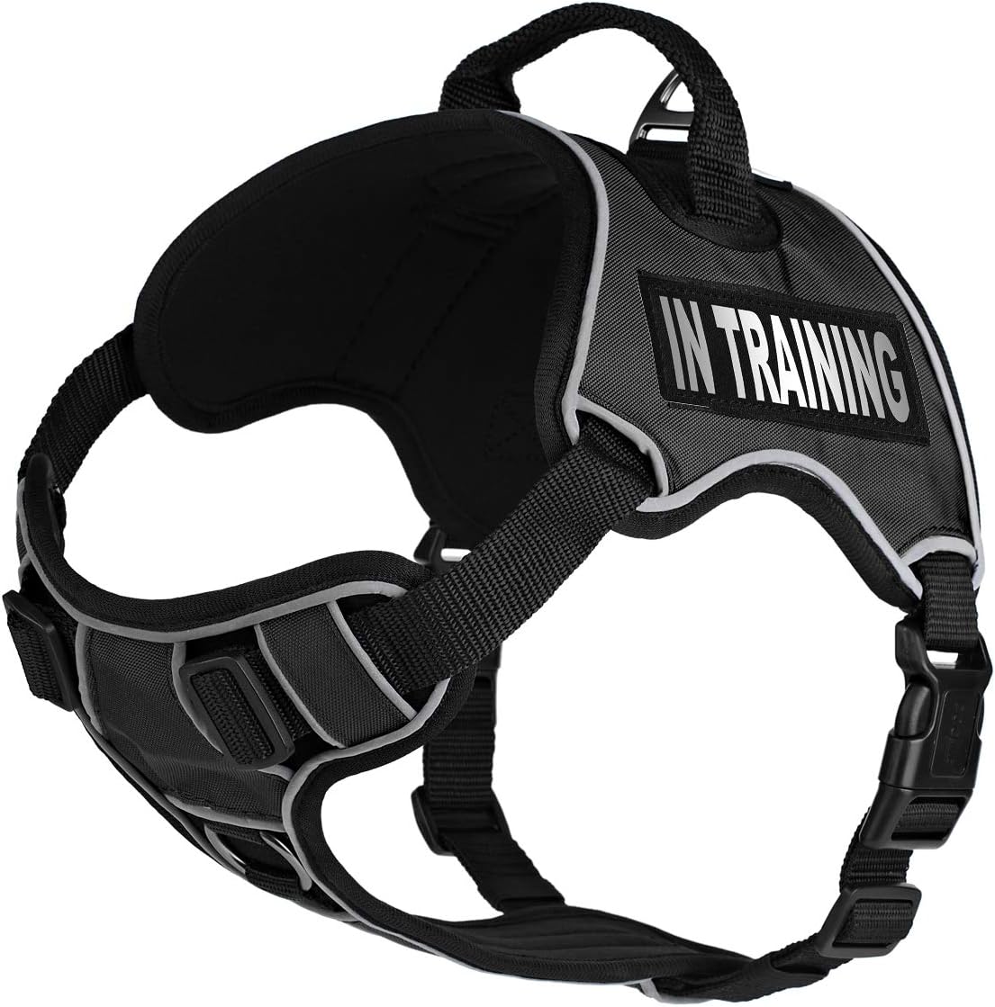 Dogline Quest No-Pull Dog Harness with in Training Reflective Removable Patches Soft Comfortable Dog Vest with Quick Release Dual Buckles Black Hardware and Handle 32 to 40 inches Black