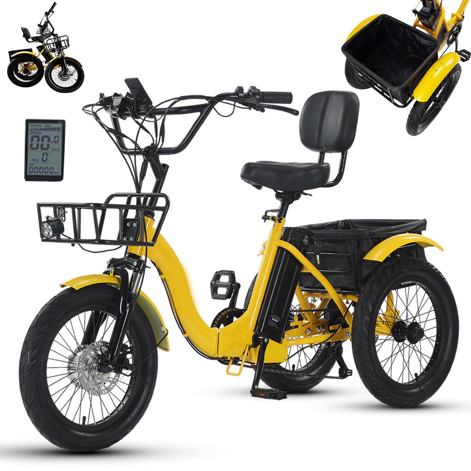 Triciclo Elettrico Pieghevole per Adulti Da 18 Pollici Con Cestino Di Grande Capacità, Con Pneumatici Larghi Da 18"X3,0", Display Lcd, Batteria Al Litio Da 48 V 13 Ah - Autonomia Di 44 Km Yellow