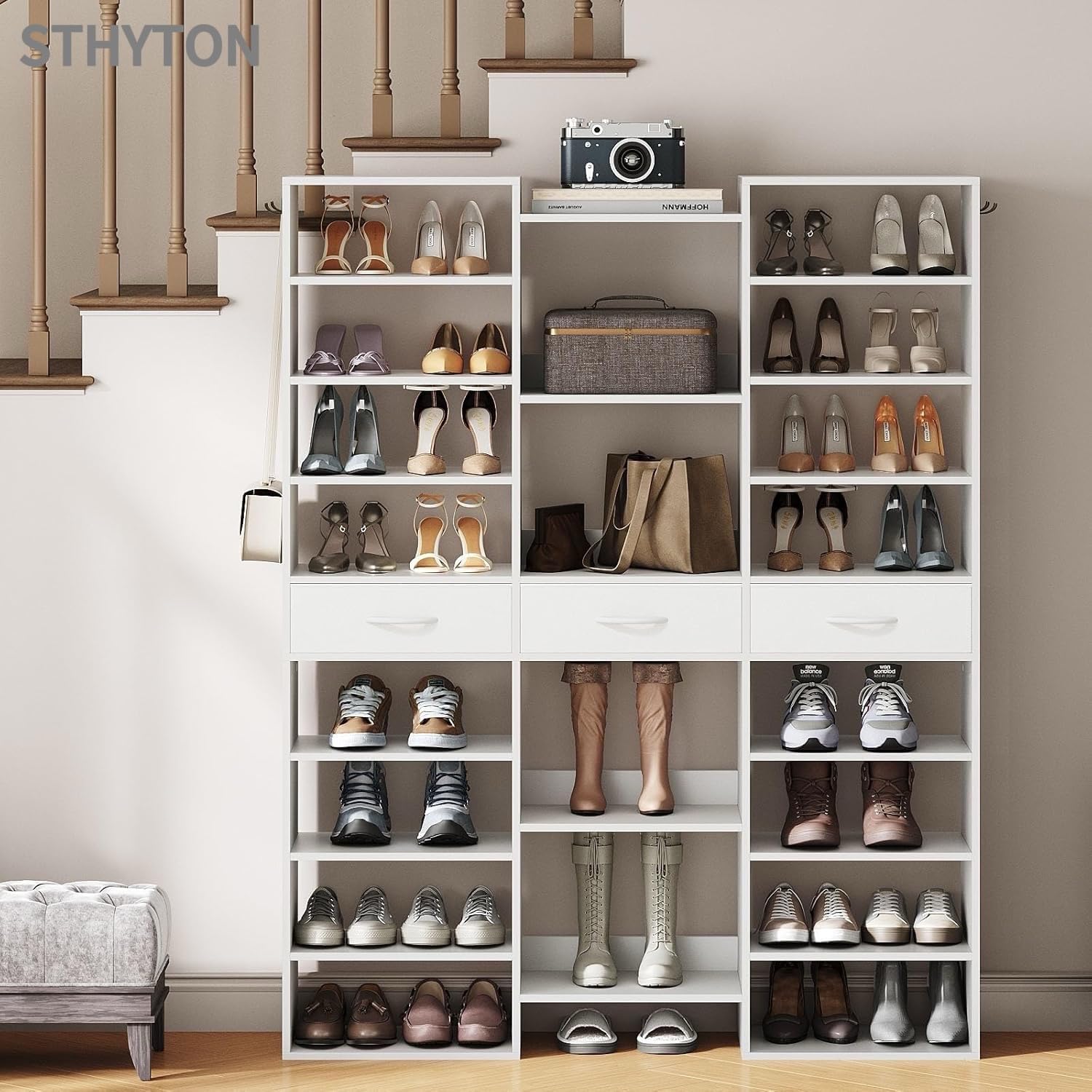 Tall Shoe Rack, 9 Tiers Large Shoe Cabinet with Fabric Drawers, Holds up to 44 Pairs, Modern Entryway Shoe Shelves Organizer with 21 Open Cubbies, Wooden Shoe Rack for Closet, Hallway, White
