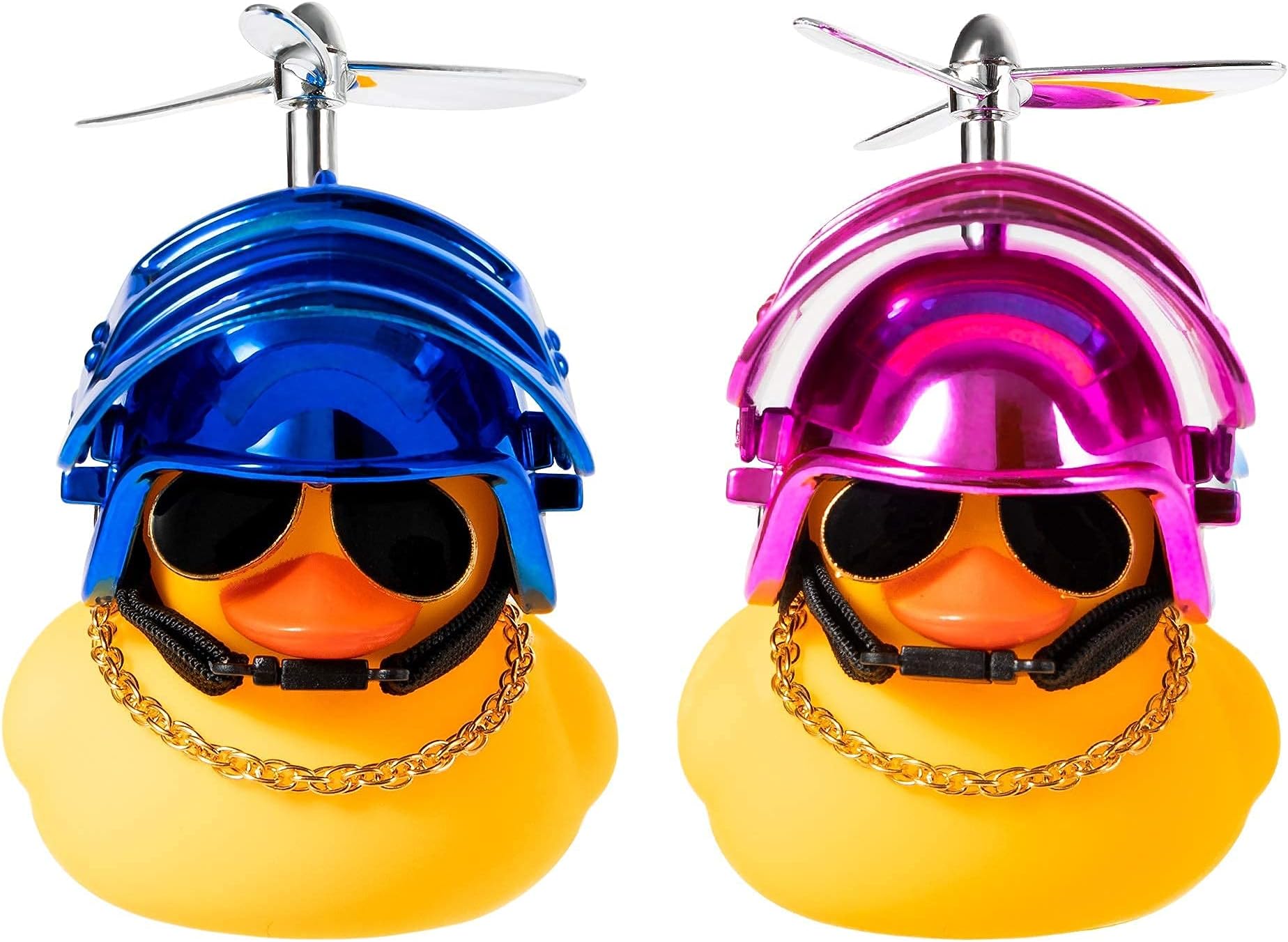 KASTWAVE Rubber Duck, Toy Car Ornaments, 2 PCS Car Dashboard Decorations Cool, Cool Glasses Duck, Blue and Pink Rubber Ducks with Propellers Helmet, Sunglasses, Gold Chain for Adults, Kids Gift