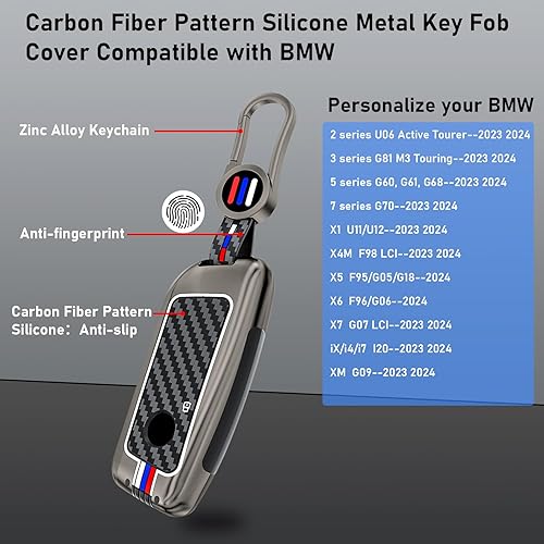 Miniatura 5 de Jaronx Compatible con funda para llavero BMW X5 X6 20242 3 5 7 X1 X7 iX i7 XM 2023-2024, para llave de metal BMW con patrón de fibra de carbono,