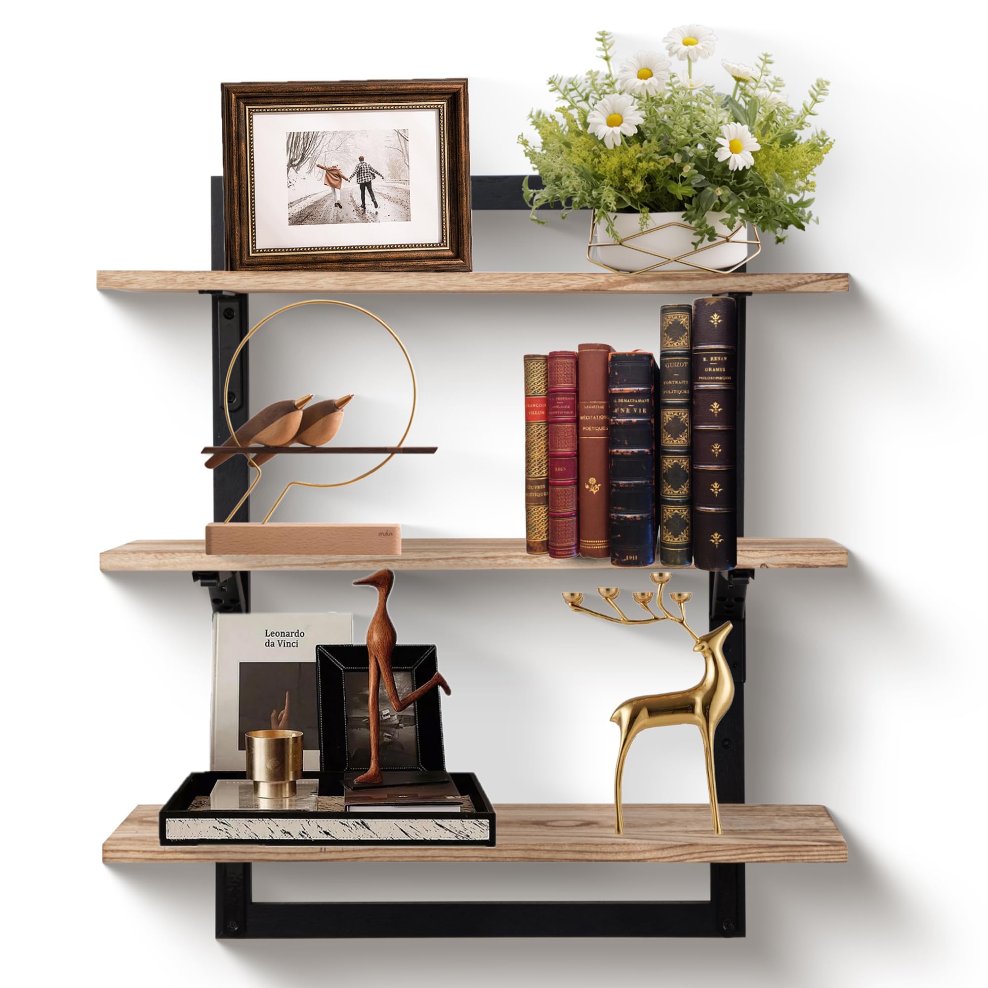 Wodhels 24-Inch Floating Shelves for Wall，3-Tier Wooden Wall Mounted Kitchen Shelves with Foldable Brackets,Hanging Wall Shelves for Living Room,