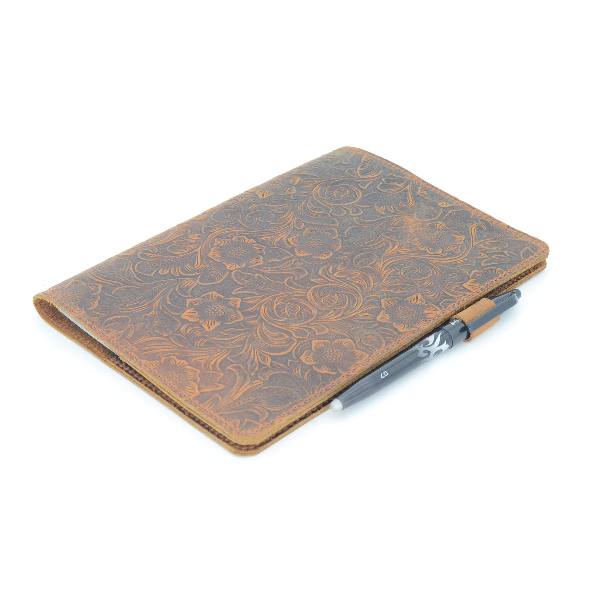 JJNUSA Kompatibel mit Rocketbook Cover handgefertigtes Notizbuch aus echtem Leder für Everlast, Fusion, Wave Moleskin A5 mit Stiftschlaufe und Kartenhalter, Executive 22,4 x 15,2 cm, Blume