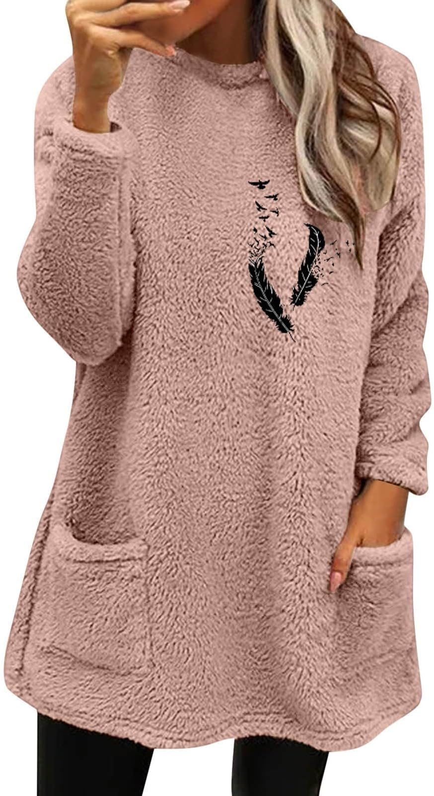 HRMJKSC Women's Round Neck Hoodless Sweatshirts Winter Wool Plush Coat Plus Size Loose Jacket Long Sleeved Jumper With Pockets