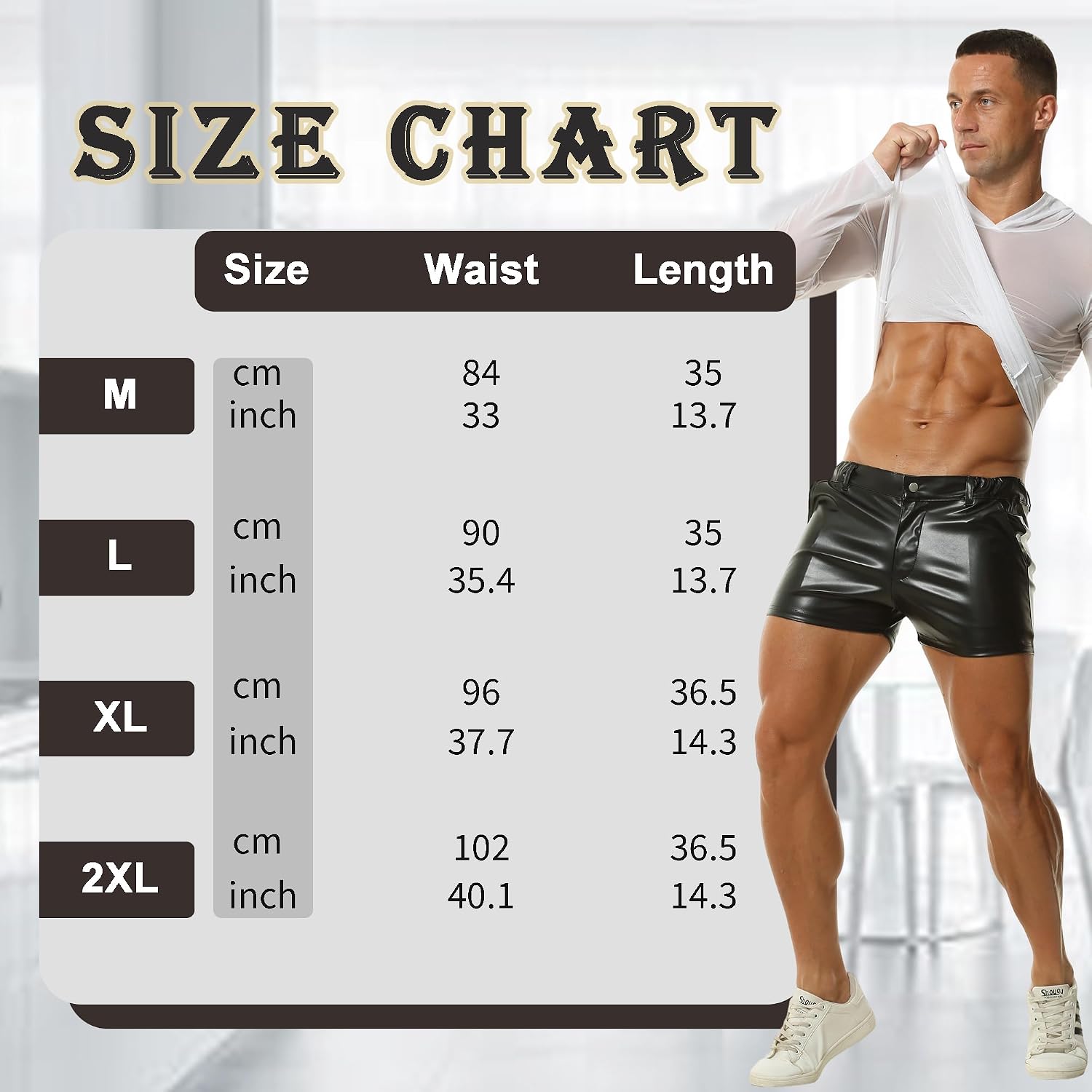 DTODWW Men's PU Leather Shorts Elastic Waist Shorts Rave Hot Short Pants with Pockets Casual Streetwear Clubwear