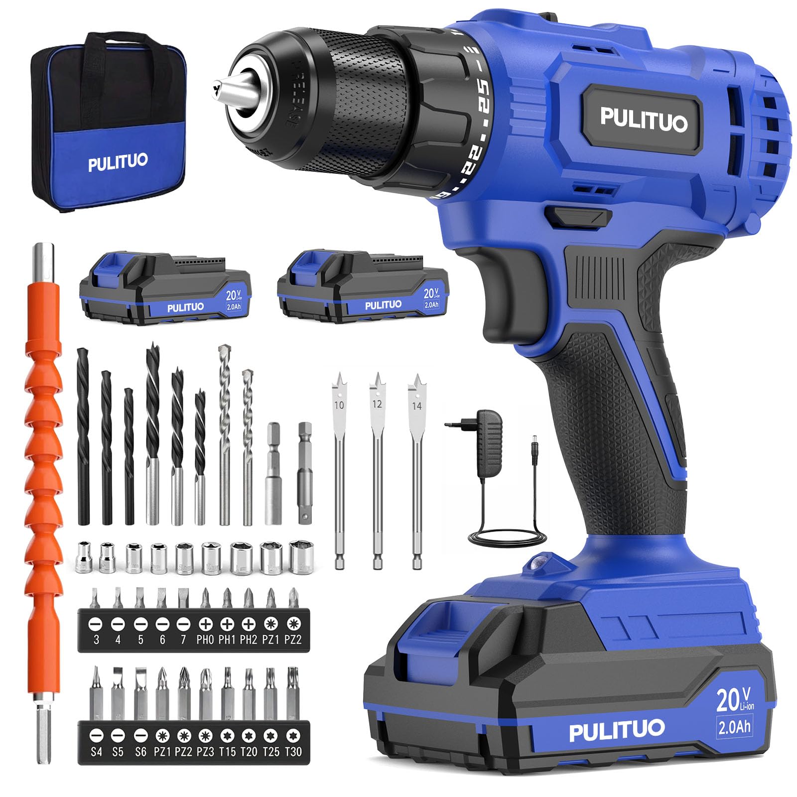 PULITUO Taladro Percutor a Batería, Taladro Atornillador Batería 20V c/ 2x2,0Ah, 45 Nm, 25+1 Niveles de Par, Portabrocas de 1/2", 2 Velocidades, Con Set de Accesorios, Bolsa Incluida
