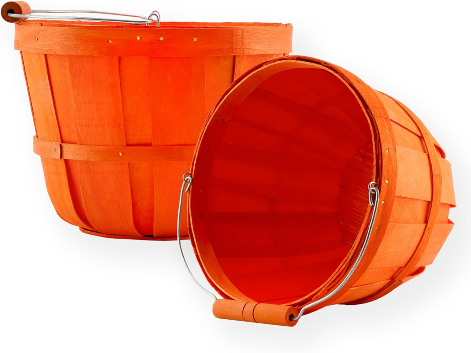 Cornucopia Round Wooden Baskets (2-Pack, Orange); Wood Fruit Buckets with Handle, 4-Quart Capacity; 6.1 Inch Tall by 8 Inch Diameter