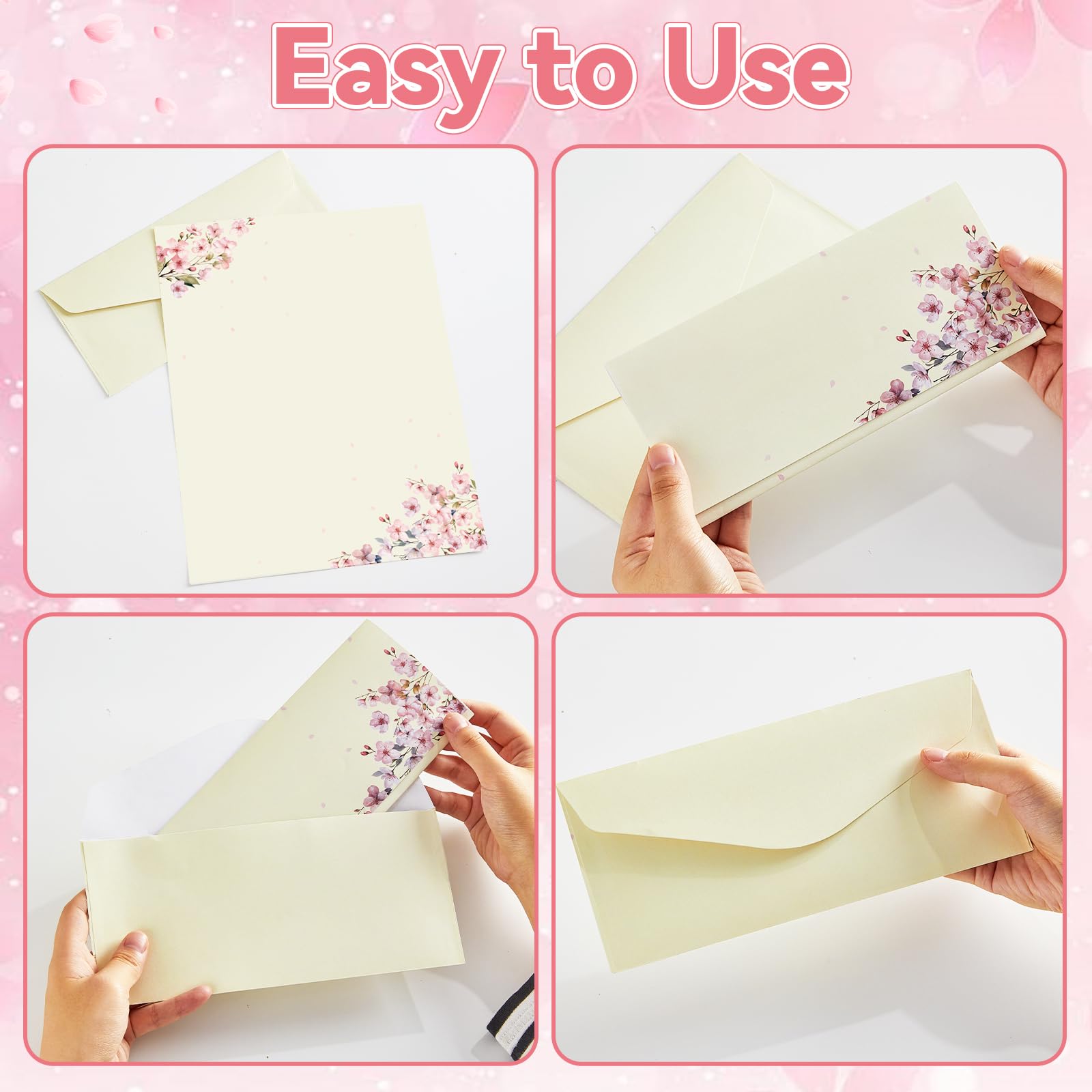 50 membretes de flores de cerezo con sobres, flores de cerezo, papel de computadora, papel de papelería floral rosa para notas a invitaciones de boda, suministros de impresión de oficina, escuela, 8.5
