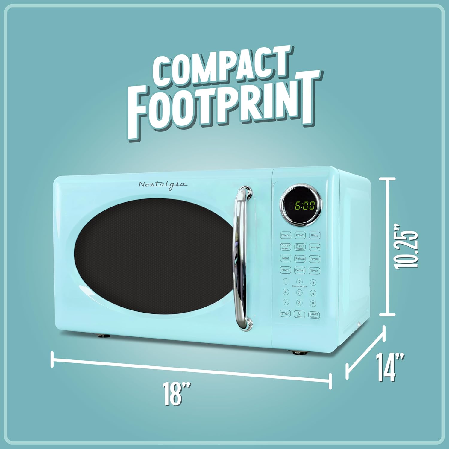 Color Blue Nostalgia Retro Microwave Oven - 0.7 Cu Ft, 700-Watt Countertop Size with Glass Turntable, Child Safety Lock, 8 Auto-Cook Programs, Digital Clock - Aqua