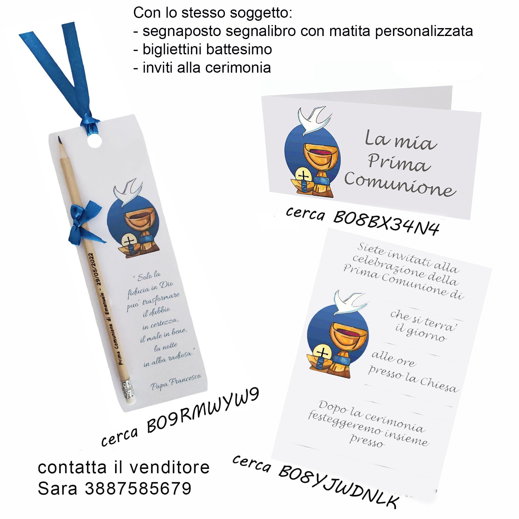 Segnaposto Comunione Cresima Calice Segnalibro con Matita Incisa Personalizzata con Nome e Data 20x7 cm Frase di Papa Francesco Oppure a Scelta (30)