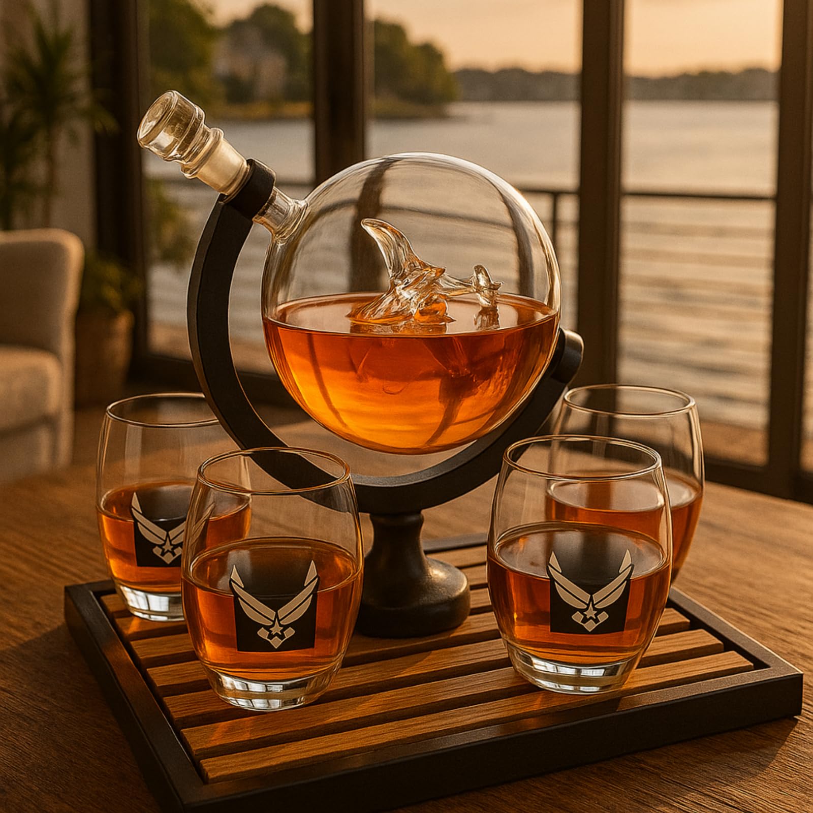 Juego de decantador de whisky de la fuerza aérea con 4 copas de licor decantador de whisky de la fuerza aérea y juego de vidrio con base de madera y 9 piedras de whisky - regalo de fuerza aérea de EE