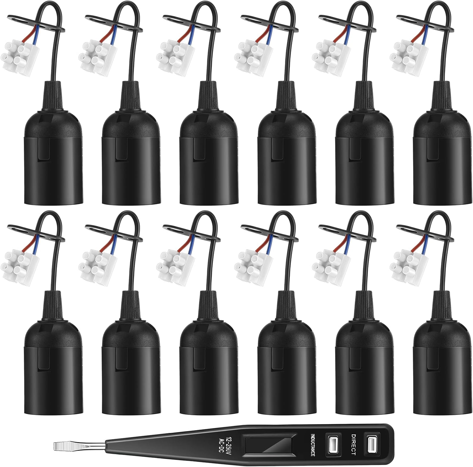 Lot De 10 Douilles E27 Avec Fil + Testeur Tension - Blanc, Pour Ampoules LED, Halogènes, 250V