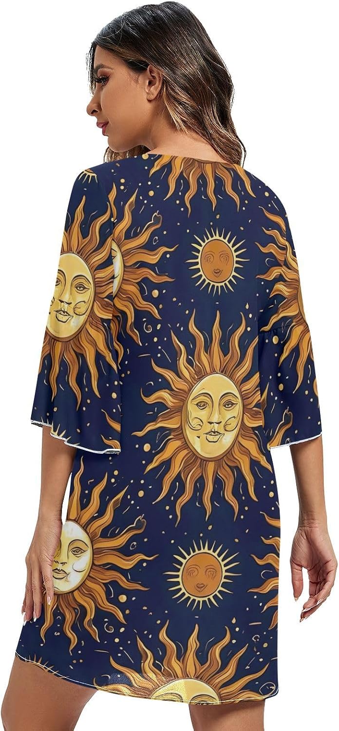 Sun Moon Dark Blue V Neck Summer Dress 3/4 Sleeve Beach Dress with Sleeves S-XXL