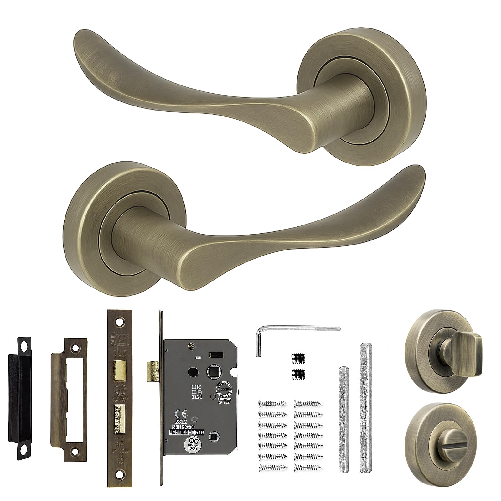 Decoranddecor Nimbus Antique Brass Door Handle Set – Aluminium Alloy Lever with Bathroom Lock - Thumb Turn for Internal Doors in Living Spaces & Offices