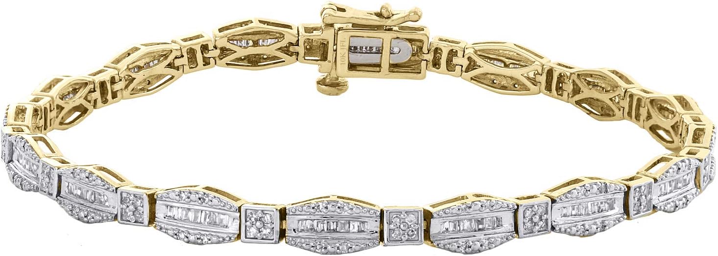 10K Yellow Gold Round & Baguette Cut Diamond Bracelet 7" Hexagon Frame Link 1 CT