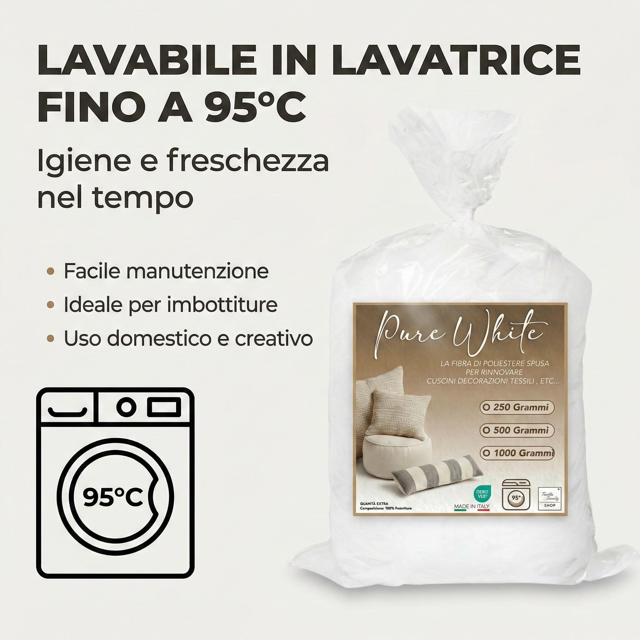 Tex family Ovatta Fioccata Imbottitura Cuscini - Anallergica Antiacaro - Lavabile 95° - Made in Italy | Poliestere 1000 Grammi