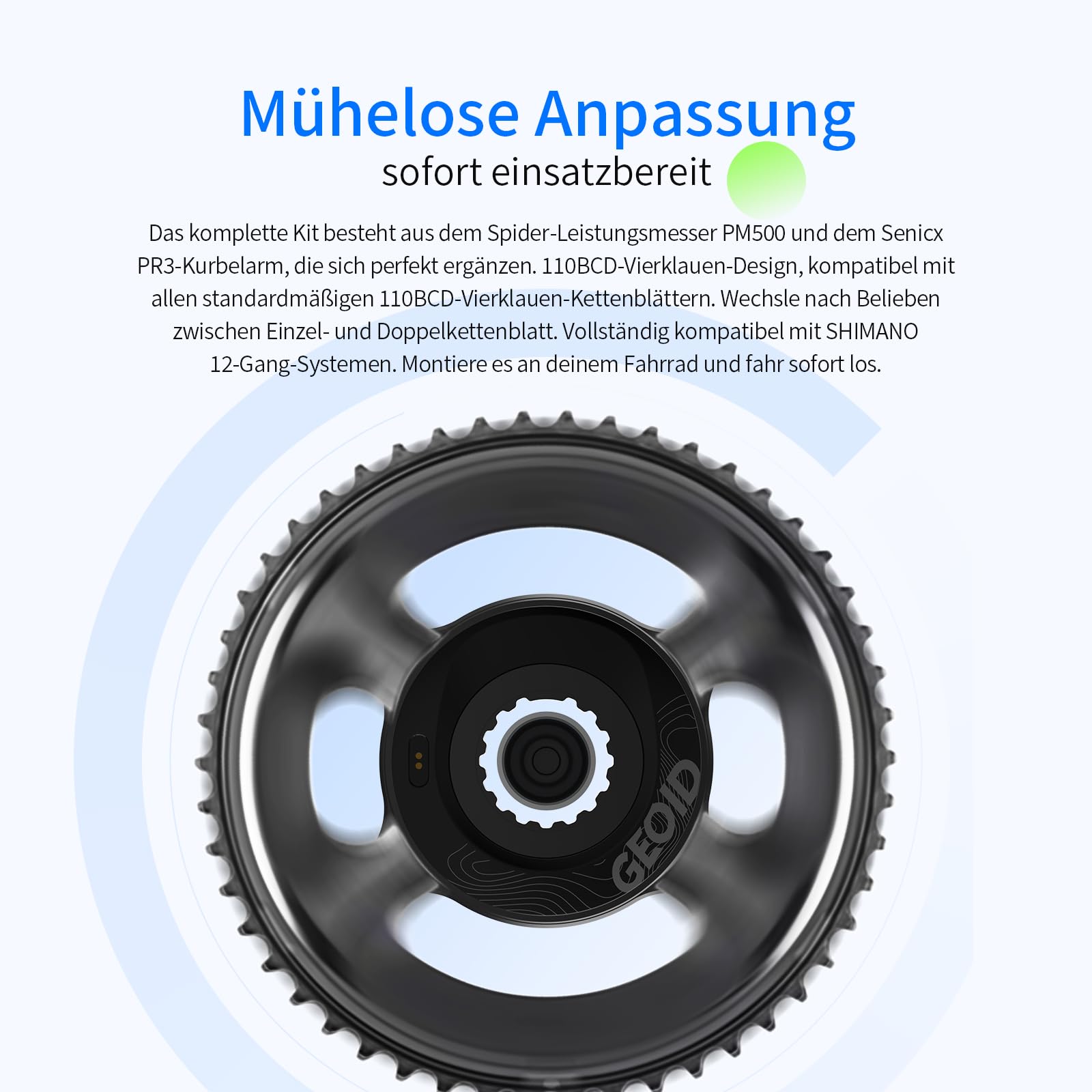 GEOID PM500 Leistungsmesser für Rennräder - Kurbelsatz Leichtbau 680g mit Präzision ±1,5%, Akku 300 Stunden, 110 BCD, Bluetooth/ANT+, IPX7 Wasserdicht