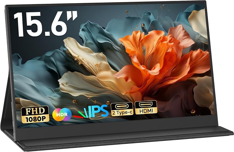 HONGO Monitor Portatile, Schermo Portatile 15,6" 1920x1080 FHD, Doppi Altoparlanti Integrati Portable Monitor per PC Laptop Mac PS3/4/5/X-BO, HDR Eye-Care Smart Display IPS, Supporto Tipo C/USB C HD