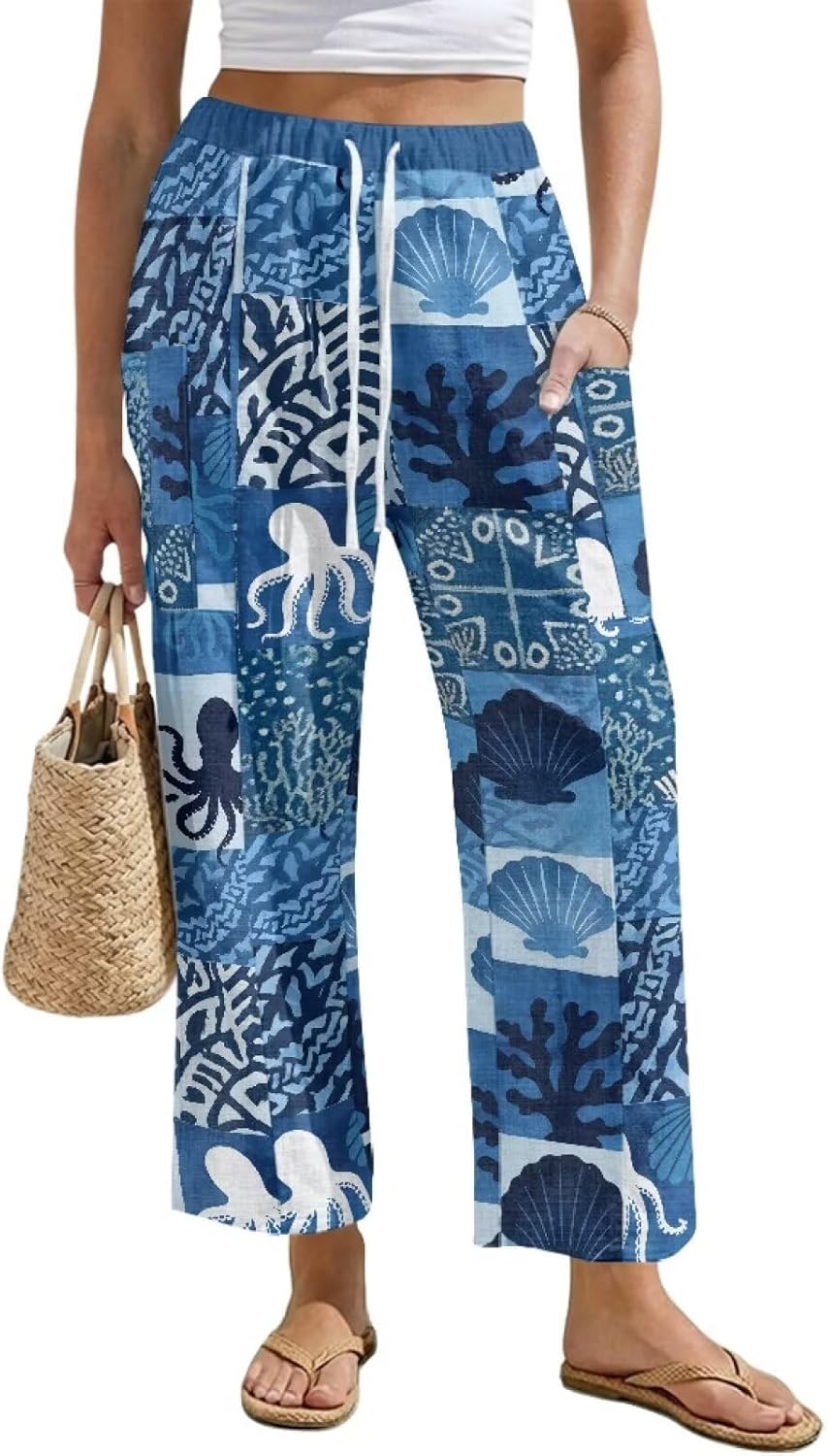 Women's Linen Wide Leg Pant Lightweight Quick Dry Elastic Waist Travel Trousers with Pockets Breathable Casual