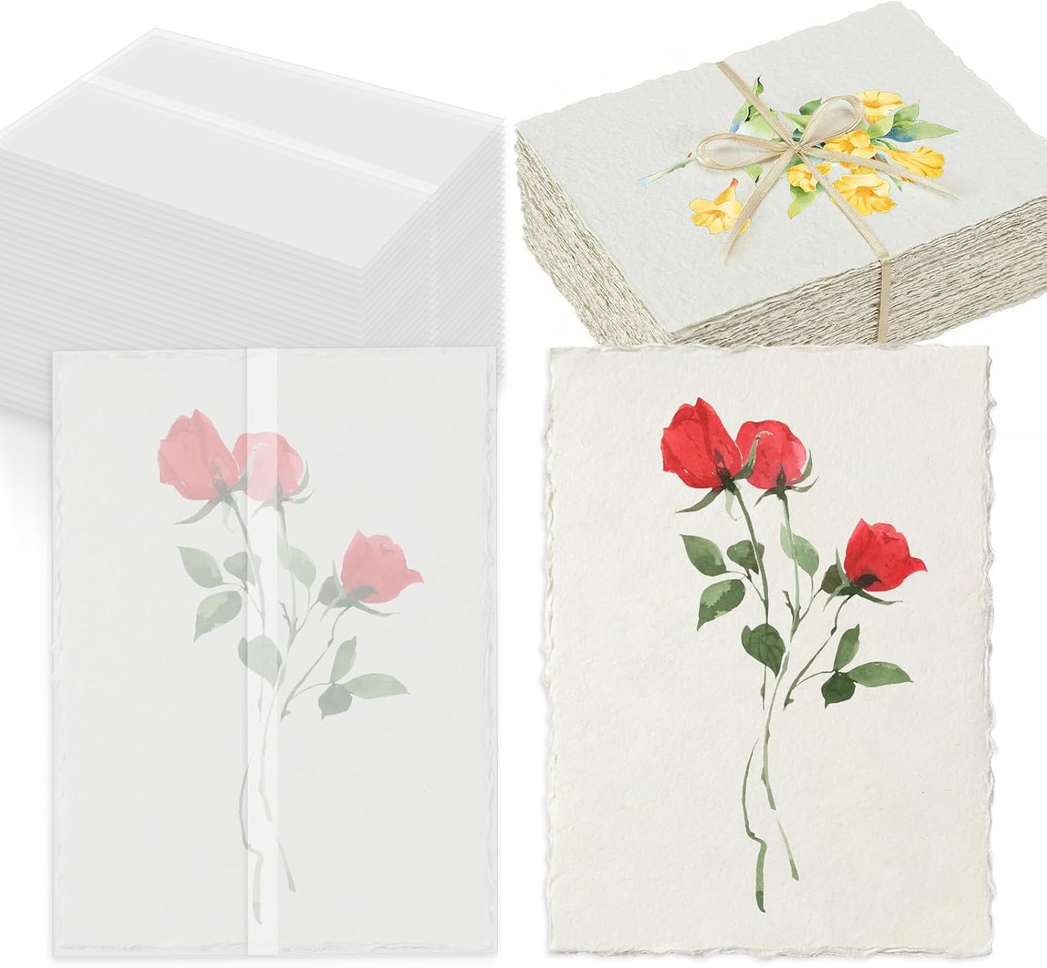 Deckled Edge Paper 5x7, 50 Sheets Handmade Watercolor Paper with Vellum Jackets for 5x7 Invitations, 300 GSM Natural Textured Paper, Rough Cotton Paper for Calligraphy, Painting & Craft Projects