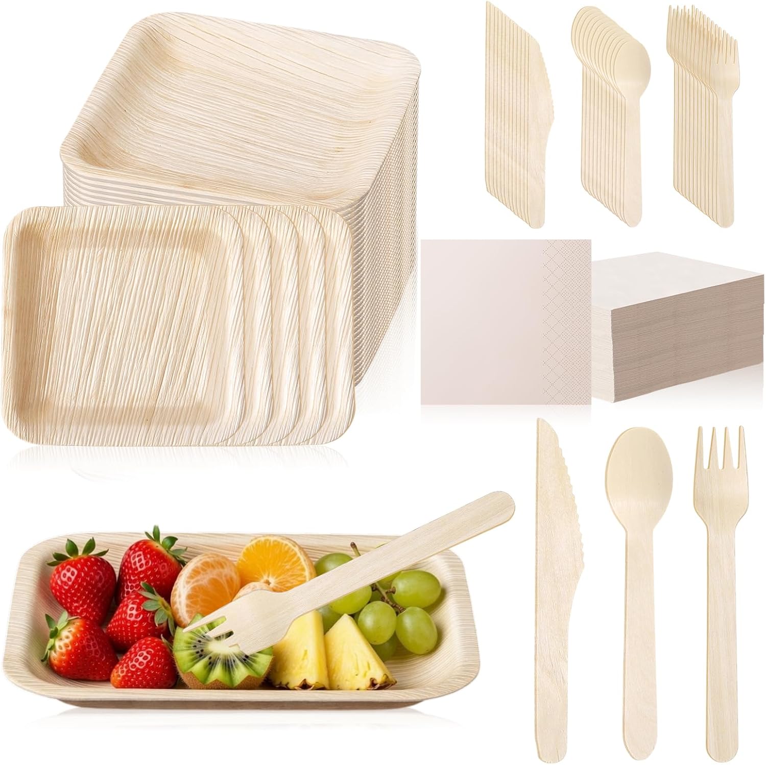Potchen 30 Set 10 Inch Palm Leaf Dinnerware Set, Square Wooden Plates Cutlery Party Include Forks & Knives & Spoons & Napkins Compostable, Disposable, Sturdy Eco for 30 Guests, Wedding, BBQ