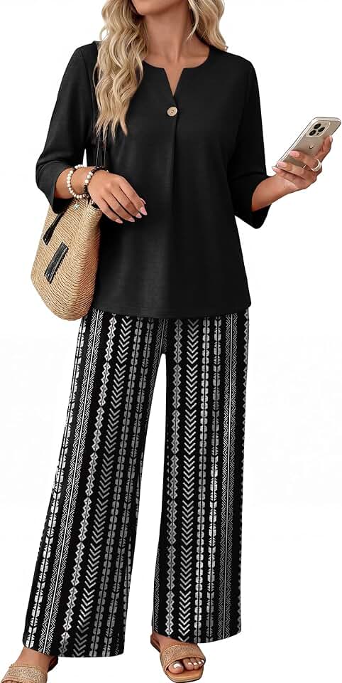 WIHOLL Two Piece Sets for Women 3/4 Length Sleeve Lounge Sets Summer Spring Vacation Travel Outfits Fashion Clothing
