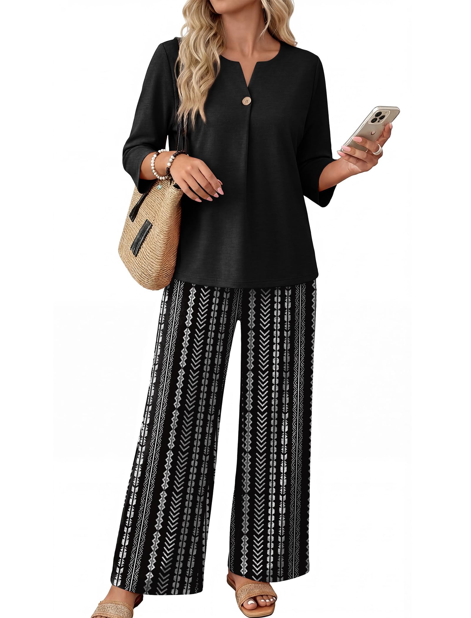 WIHOLL Two Piece Sets for Women 3/4 Length Sleeve Lounge Sets Summer Spring Vacation Travel Outfits Fashion Clothing