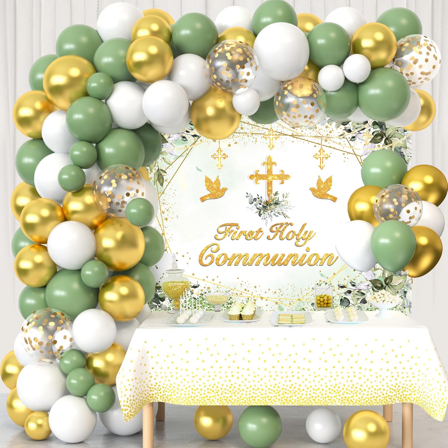 Fond de première communion, fond vert pour le baptême, bénédiction divine, croix dorée, feuilles vertes, fête de bébé neutre, décoration, fond (240 x 180 cm)