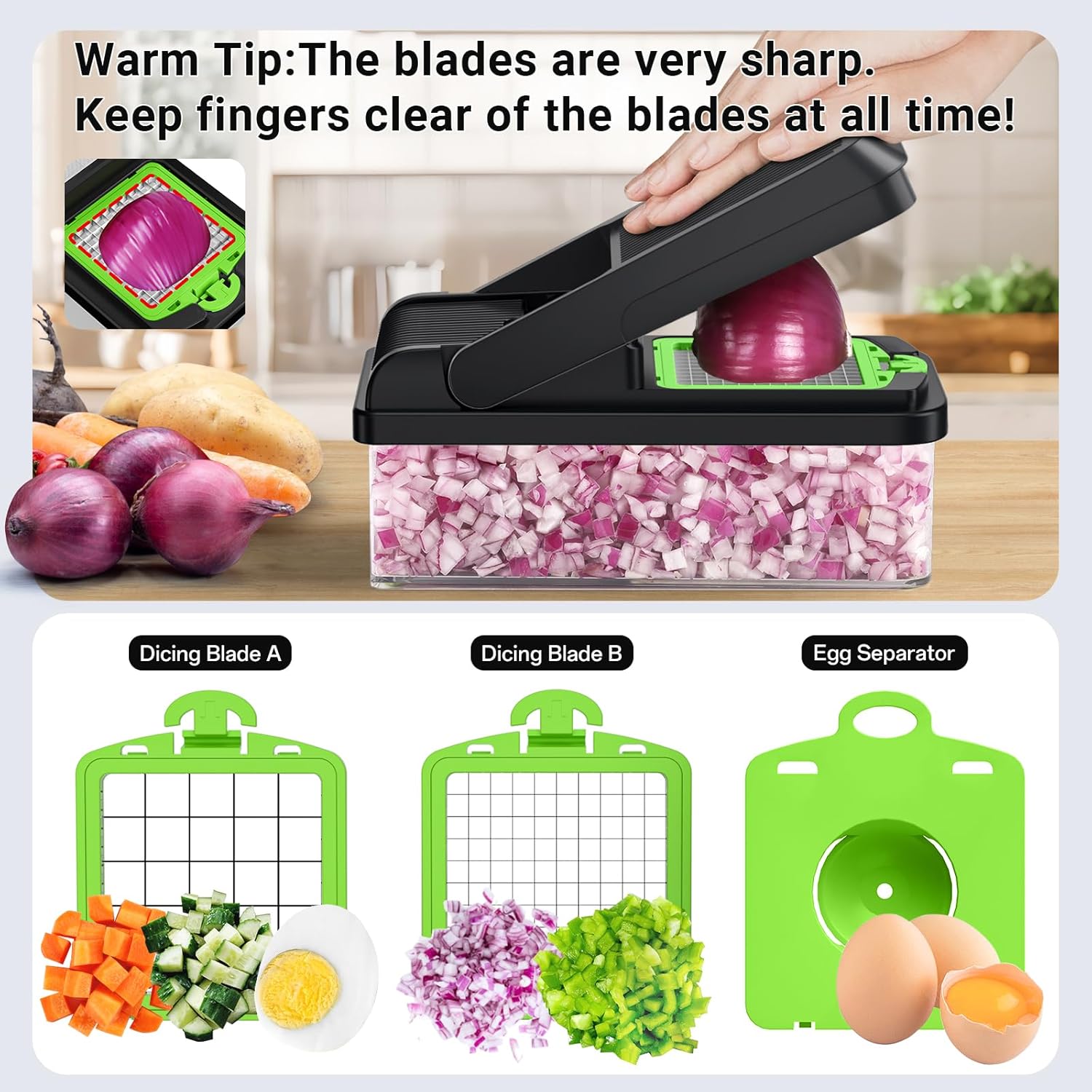 SpaceHacks 15-in-1 Vegetable Chopper, Kitchen Gadgets with 10 Blades, Veggie, Food, Onion Chopper, Cucumber Slicer, Versatile Mandoline, Includes Egg Separator & Finger Guard, Green