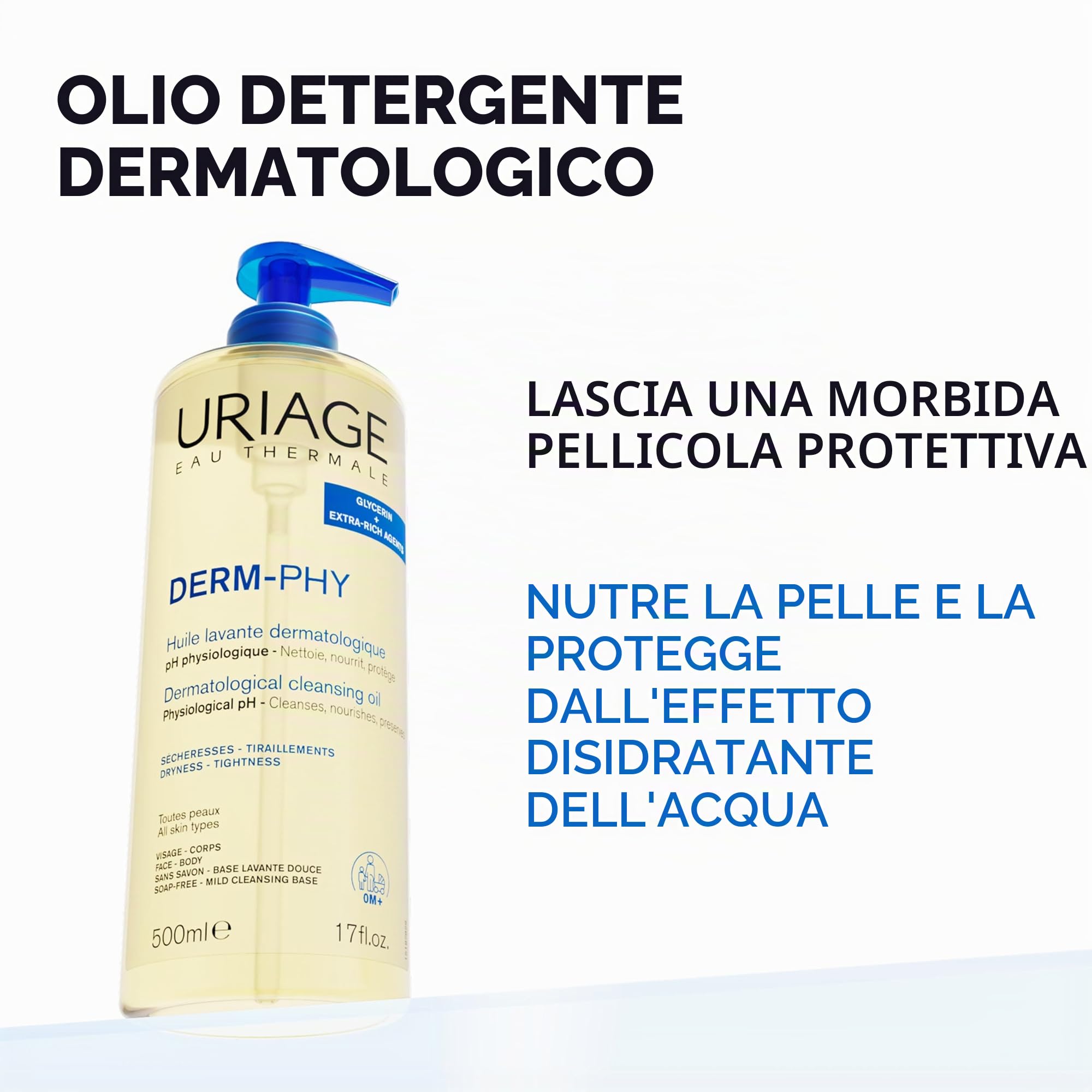 Uriage Derm-Phy - Olio da doccia da 1 l, detergente per viso, corpo, pelli secche, sensibili, pulisce, nutre, previene l'essiccazione, 25% glicerina, agenti extra ricchi, pH fisiologico, senza sapone