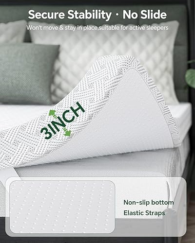 Miniatura 8 de Cubrecolchón Queen de espuma viscoelástica de gel de 3 pulgadas, protector de colchón de alta densidad, funda suave de rayón de bambú extraíble,