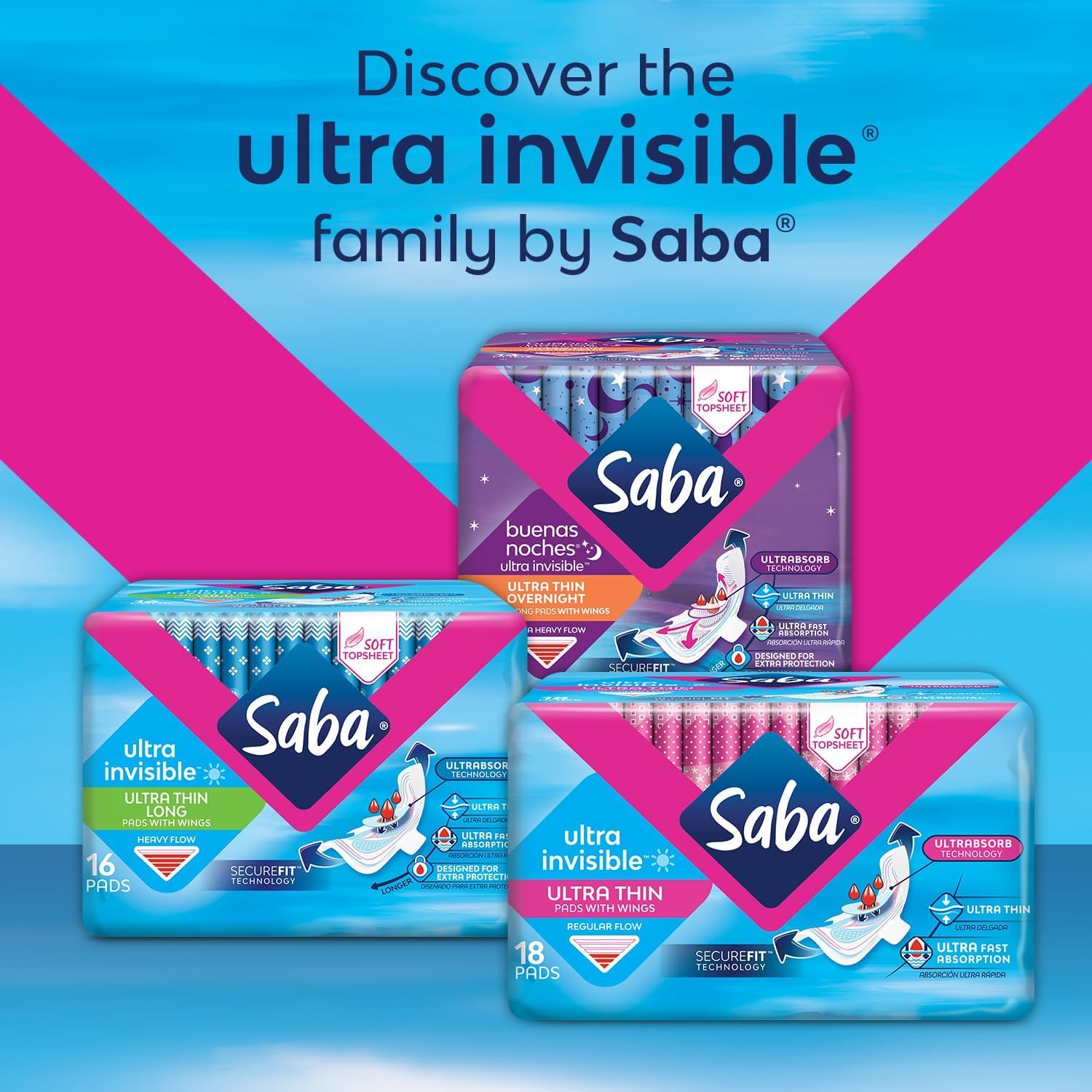 SABA Ultra Invisible - Almohadillas largas ultrafinas con alas, flujo regular, 16 unidades (paquete de 3)