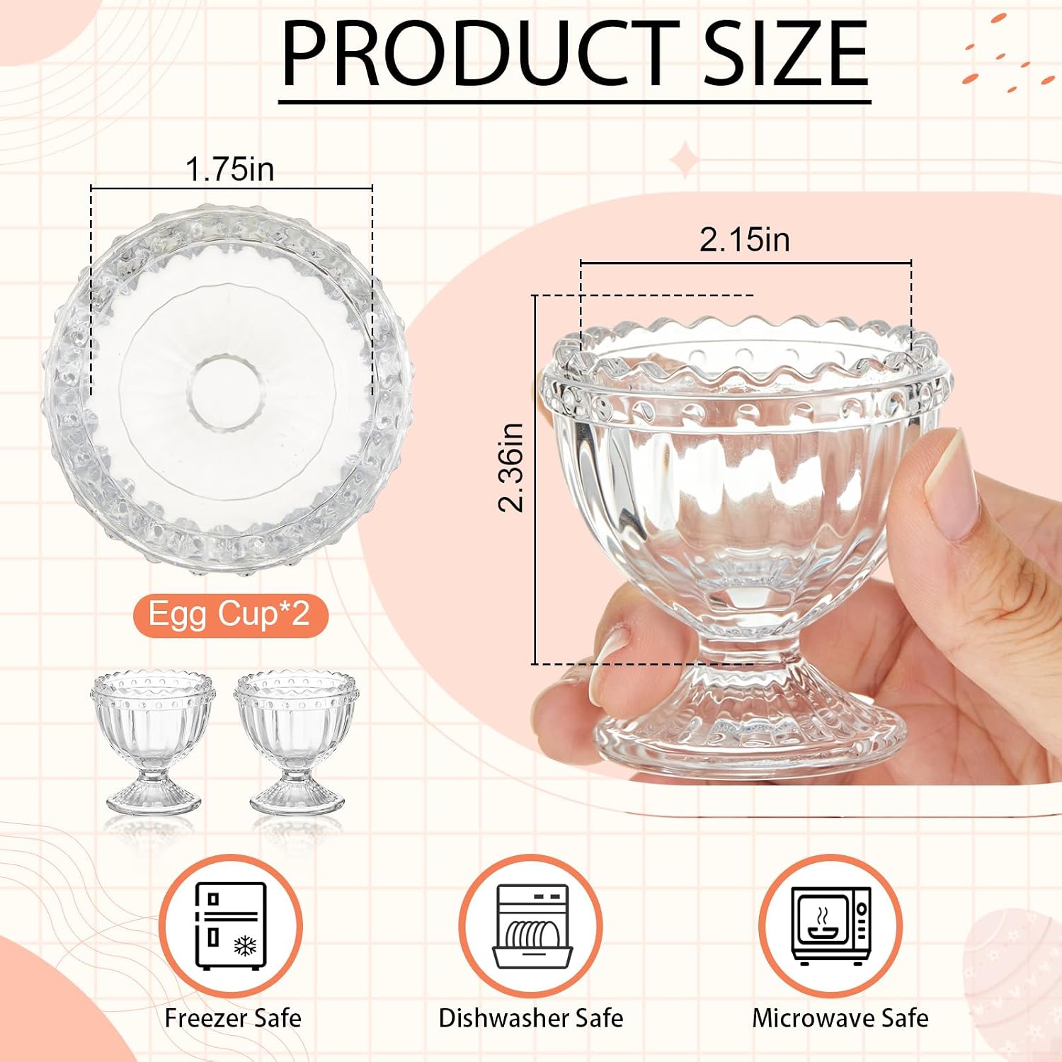 Rtteri Glass Egg Cups, Colorful Egg Holders for Breakfast, 2 Pcs, Clear image 2