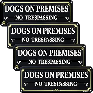 No Trespassing Dog On Premises Sign 4 Pack, Beware Of Dog Sign, 10"x3.5" Rust Free Reflective Aluminum, Weather Resistant, Waterproof, Easy to Install