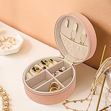 Travel Jewelry Box for Women,Portable Jewelry Organizer Case for Ring, Pendant, Earring, Necklace, Bracelet-Round,Pink