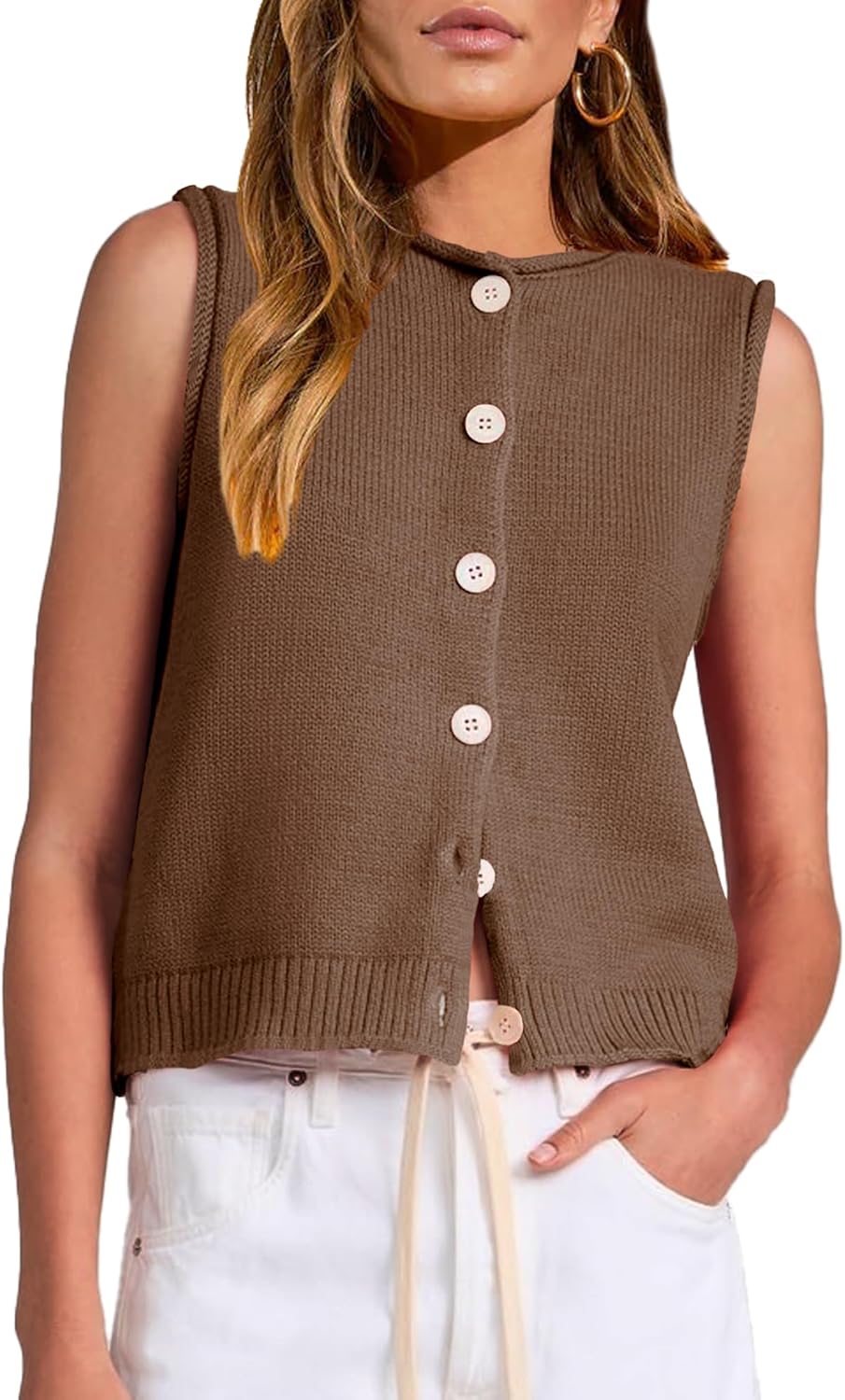 Womens Casual Crew Neck Sleeveless Sweater Vests 2026 Fall Button Down Ribbed Knit Tank Tops Loose Trendy Cardigans