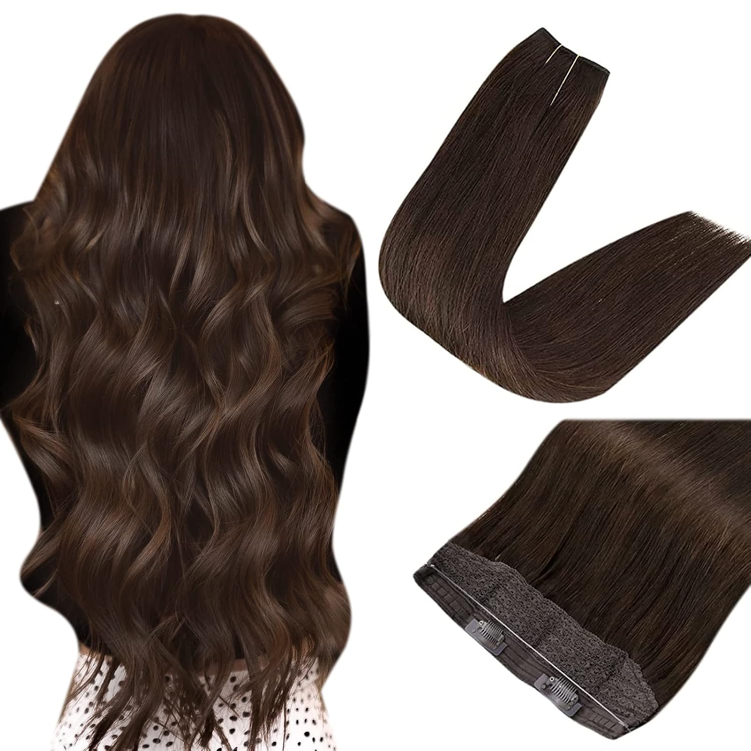 Easyouth Long Brown Wire Hair Extensions Human Hair Hairpiece 20inch Secret Wire Hair Extensions with Transparent Headband Darkest Brown #2 Secret Clip in Wire Hair Extensions 100g